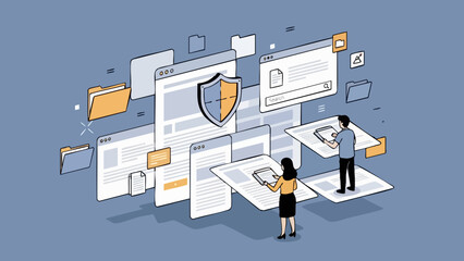 Cybersecurity concept with people managing data security and digital documents protected by a shield icon