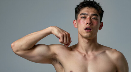 a close-up portrait of a young man with dark hair and a serious expression on his face. He is standing in front of a plain grey background. The man is shirtless and his body