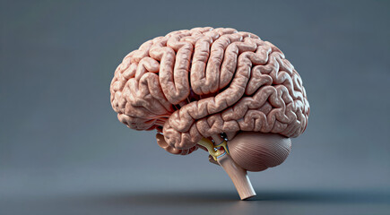 a 3D rendering of a human brain. The brain is shown in a side view, with the top half of the brain facing towards the right side of the image. The top half is a light