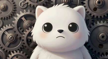 a close-up of a white stuffed animal with a sad expression on its face. The animal appears to be a polar bear, with a round head and two small ears