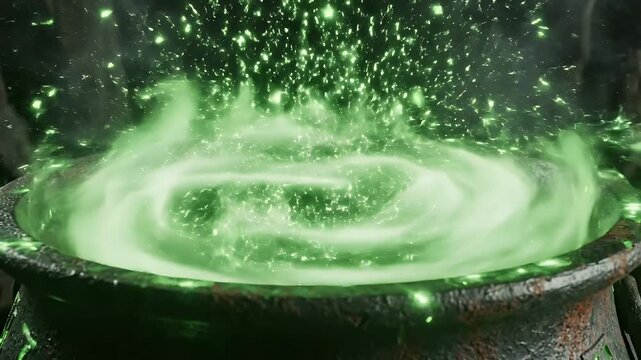 Mysterious cauldron bubbling with vibrant green potion magical fantasy scene.