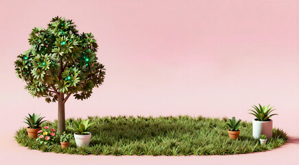a 3D rendering of a small garden with a pink background. In the center of the image, there is a large tree with a thick trunk and multiple branches that are covered in green leaves