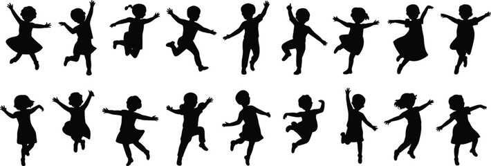 PrintChildren silhouette illustration, playful movement vector, jumping dancing running poses, black graphic icon, youth activity, energetic body motion design