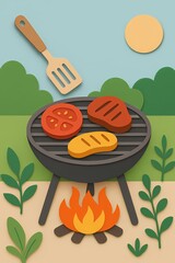A cartoon of a grill with a spatula and three pieces of meat on it