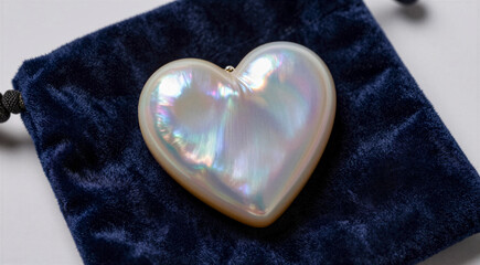 a heart-shaped pendant resting on a dark blue velvet pouch. The pendant is made of a shiny, iridescent material, which appears to be a mother of pearl