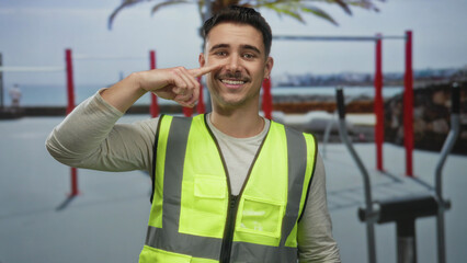 Hispanic man in reflective vest smiling and pointing to his nose in an outdoor gym setting with fitness equipment and ocean in the background.