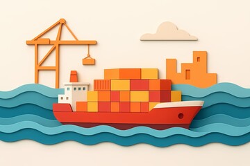 A red ship is sailing in the ocean with a crane in the background