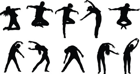Dynamic dancer silhouettes performing jumps and artistic poses, expressive movement illustration, energetic dance motion collection, modern choreography figures isolated on white background