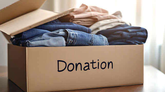 Declutter with purpose: Box filled with clothes for donation. Give new life to your old clothes, help others and minimize waste with donations.