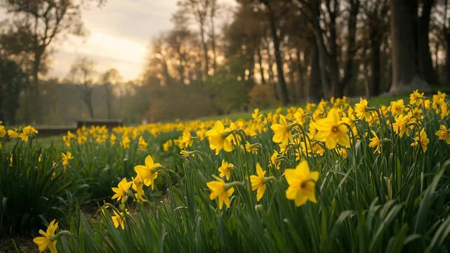 Yellow daffodil field swaying in sunlit woodland at golden hour