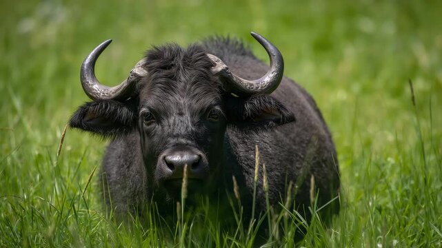 Close-up of water buffalo grazing in a lush green field