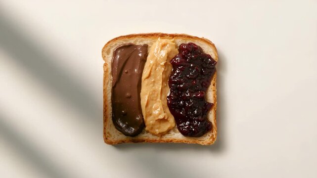 Top-down breakfast toast with chocolate spread peanut butter and berry jam in moving sunlight