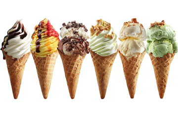 Delicious assorted ice cream cones lined up in a row, featuring various flavors and toppings for a sweet treat. isolated on transparent background