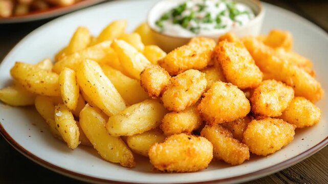 Video A plate of crispy French fries served with a bowl of savory dip for snacking