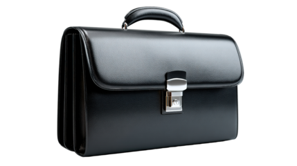 Elegant black leather business briefcase with handle and single lock isolated on white
