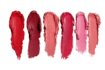 Colorful cosmetic lipstick swatches in various shades of red, pink, and berry for beauty products isolated on transparent background
