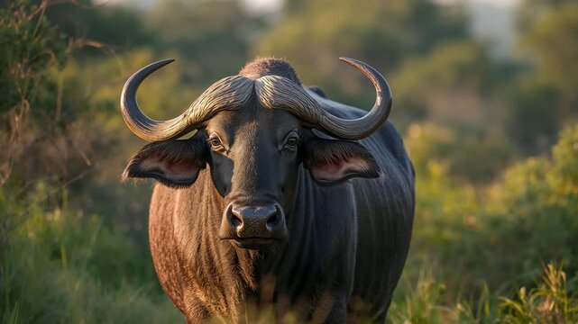 African buffalo standing in grassy savanna at golden hour