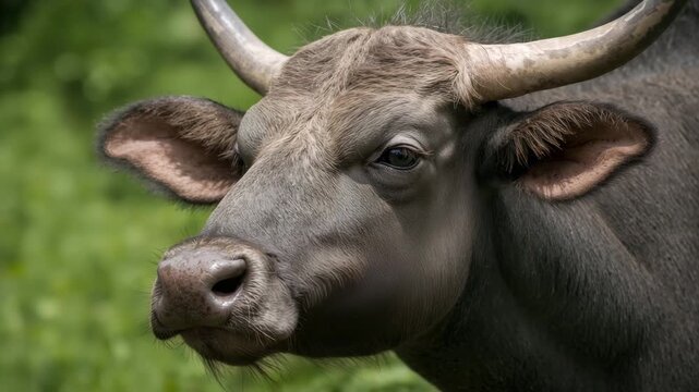Water buffalo close-up portrait blinking in green natural pasture
