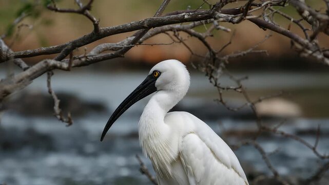 White ibis turning head on riverbank with flowing water background