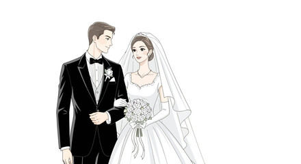 Elegantly Illustrated Wedding Couple, Showcasing Nuptial Joy and Formal Attire on White Background