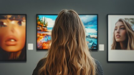 Woman appreciating art in a gallery vibrant colors and diverse styles