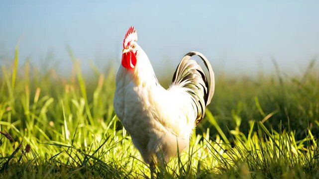 White rooster strutting through green field in natural light