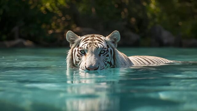 Majestic white tiger swimming in turquoise water in tropical forest pool