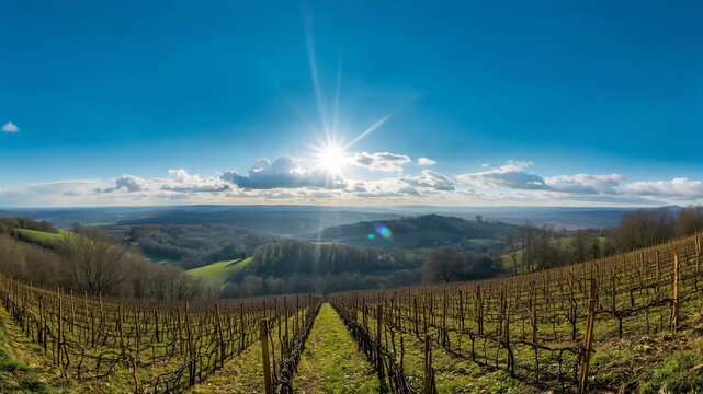 Aerial panoramic view of vine rows leading to sun over rolling hillside vineyard