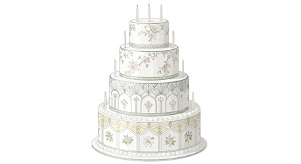 Four-tiered celebratory cake with floral motif, graceful design and delicate candelit ambiance
