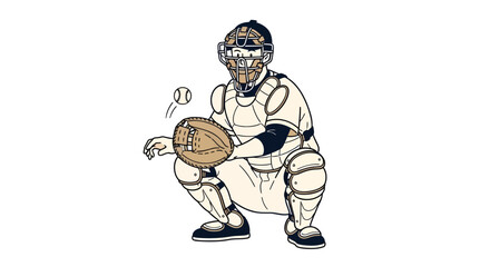 Focused baseball catcher preparing for the pitch illustration with protective gear and mitt