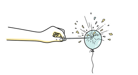 Hand with pin bursting a balloon, symbolic of unexpected ending and fragility