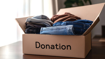 A box filled with clothes for donation, conveying themes of charity and community support. The box symbolizes generosity and recycling. Clean out your closet and donate!