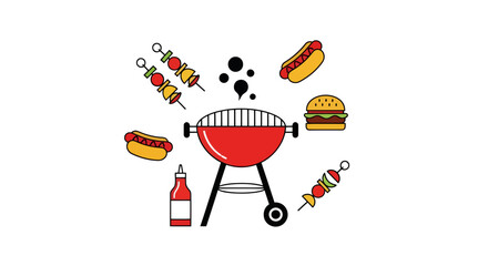 Iconic barbecue feast illustration showcasing grilling of hotdogs, burgers, and kebabs
