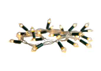 perfectly symmetrical cascade of warm amber fairy lights with dramatic bloom, close-up macro view isolated on a high-key pure white studio background, concept for festive commercial advertising