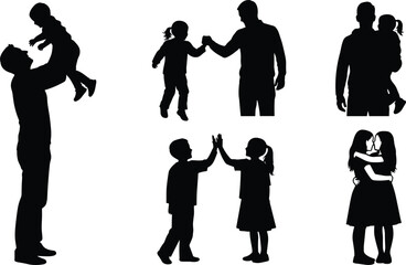 Family bonding silhouettes showing parent and child interactions, playful moments, hugging, high-fives, love, emotional connection, childhood relationships, caring family activities and suppo