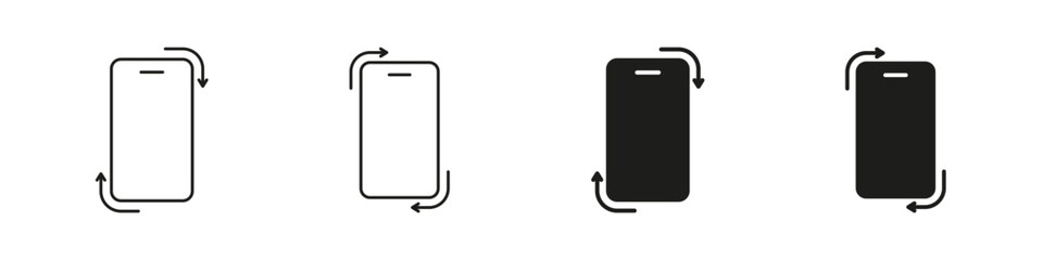 Smartphone Rotation Icon Set. Device Orientation Change And Screen Rotation Outline And Silhouette Symbol Collection. Mobile Interface Adjustment. Isolated Vector Illustration