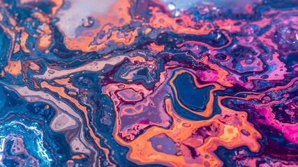 Close-up of vibrant abstract fluid art with swirling colors in shades of blue orange and pink reflecting dynamic movement and liquid textures over a glossy surface - Powered by Adobe