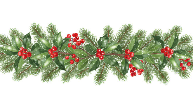 A detailed botanical watercolor illustration of an intricate christmas garland border featuring holly leaves, scarlet berries, and snowy pine boughs, isolated on white. Concept art for holiday