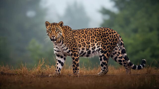 Close-up of a majestic leopard walking across a grassy field with a blurred green forest background showcasing its vibrant coat and powerful stride in soft natural light