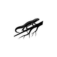 Side view salamander silhouette with slanted tree root line vector illustration