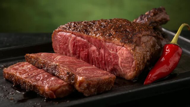 Close-up shots of perfectly cooked beef showcasing rich marbling cuts revealing deep pink interior garnished with red chili illuminated by soft light on a dark surface