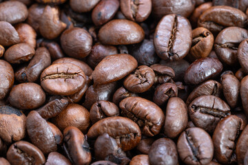 Macro of glossy coffee bean, Closeup image emphasizing glossy texture of coffee bean, Highly detailed macro photograph revealing smooth and shiny coffee bean surface