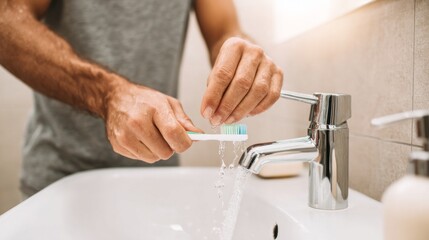 Man's hands rinsing toothbrush under running water from a modern sink faucet, practicing morning dental hygiene