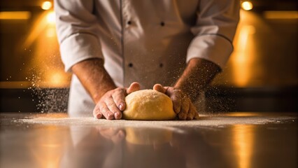 A chef kneads dough on a flour-dusted surface, captured in warm lighting, showcasing culinary skill and the art of baking.