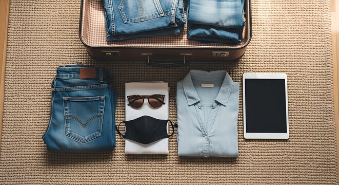 Preparing for a stylish and safe modern vacation packing essentials laid out neatly for travel organization - Powered by Adobe