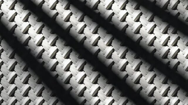 Close-up of intricate woven patterns featuring contrasting dark and light textures illuminated by natural light creating soft shadows highlighting detailed craftsmanship in a woven textile setting