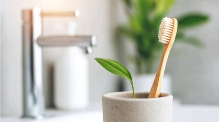Bamboo toothbrush and green leaf presenting eco friendly oral hygiene products in a bright minimalist bathroom