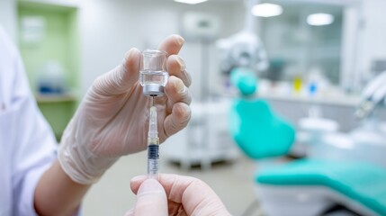 Medical professional hands in sterile gloves preparing vaccine using syringe and vial for injection in clinic