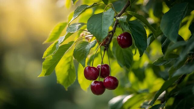 Close-up of ripe red cherries hanging on a branch with lush green leaves captured in soft natural light showcasing rich colors and textures in a serene outdoor setting during daylight.