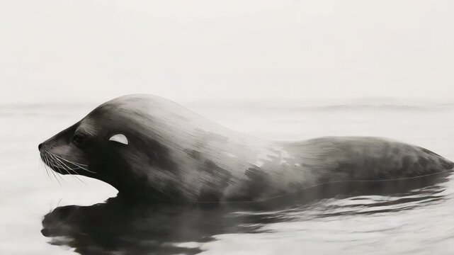 Close-up view of a large gray seal swimming gracefully in calm waters showcasing its sleek body whiskered face and soft textures against a minimalist gray background with subtle reflections.